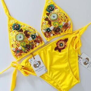 NWT Yellow Chic Artisanal Sequin Colombian Bikini Set Beaded Swimwear Swimsuit